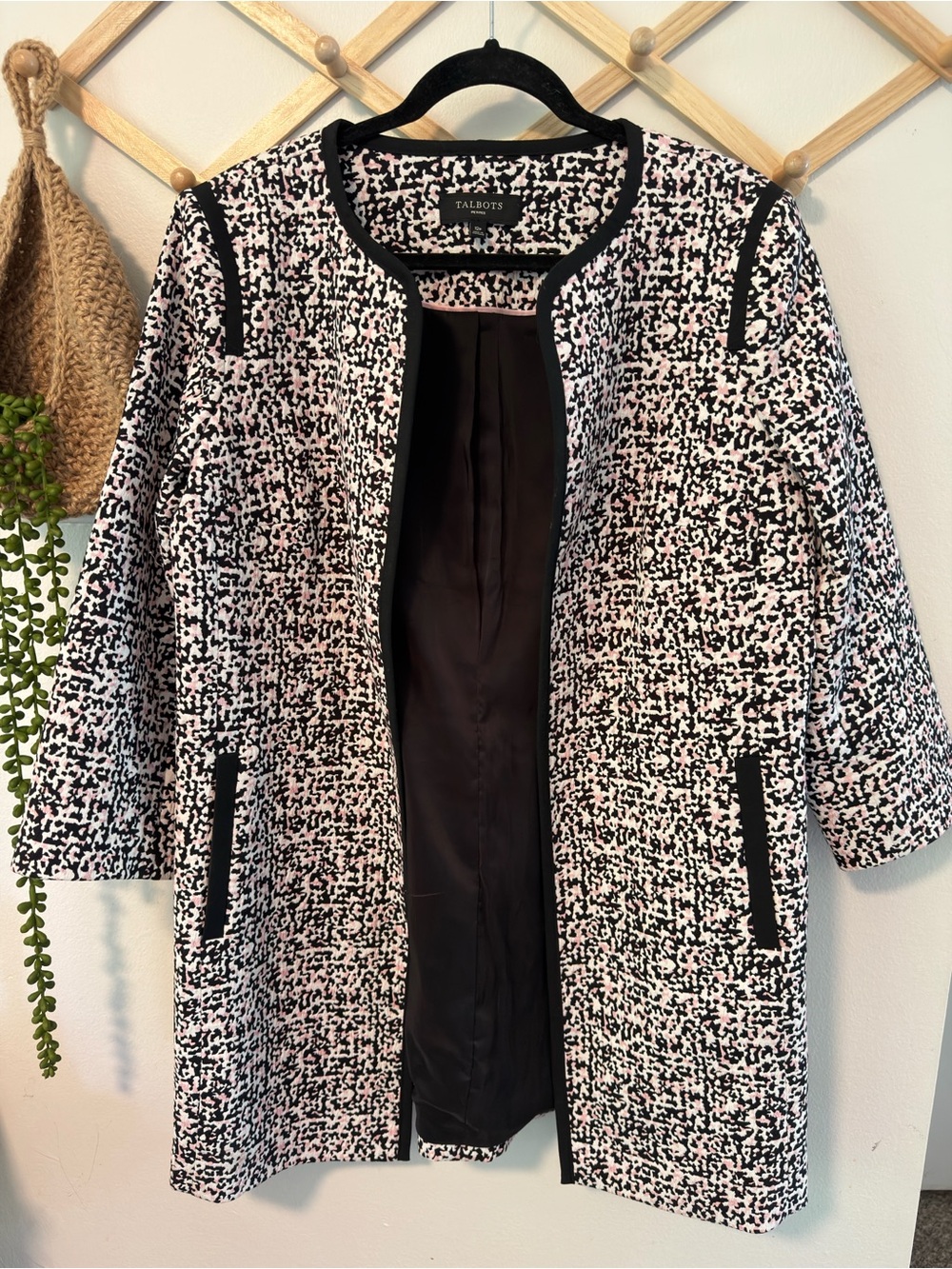 Talbots Black and Pink Tweed Collarless Coat Jacket
